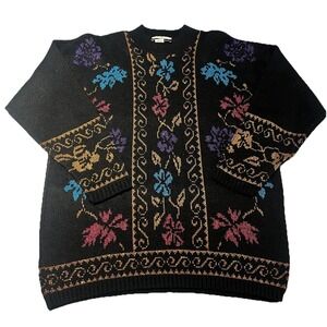 VTG Dana Scott Knit Sweater Black Metallic Floral, Women's L,‎ Y2K, 90's,